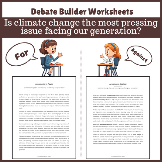 Is climate change the most pressing issue facing our generation? | Favour and Against Worksheet Printable Activity
