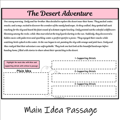 The Desert Adventure | Main Idea and Supporting Details Reading Passage and Questions