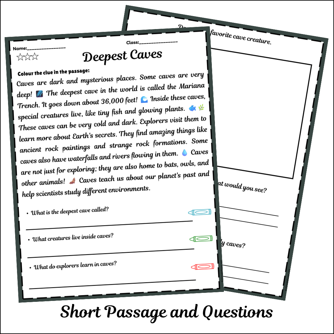 Deepest Caves | Short Reading Comprehension Creative Worksheet