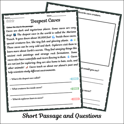 Deepest Caves | Short Reading Comprehension Creative Worksheet