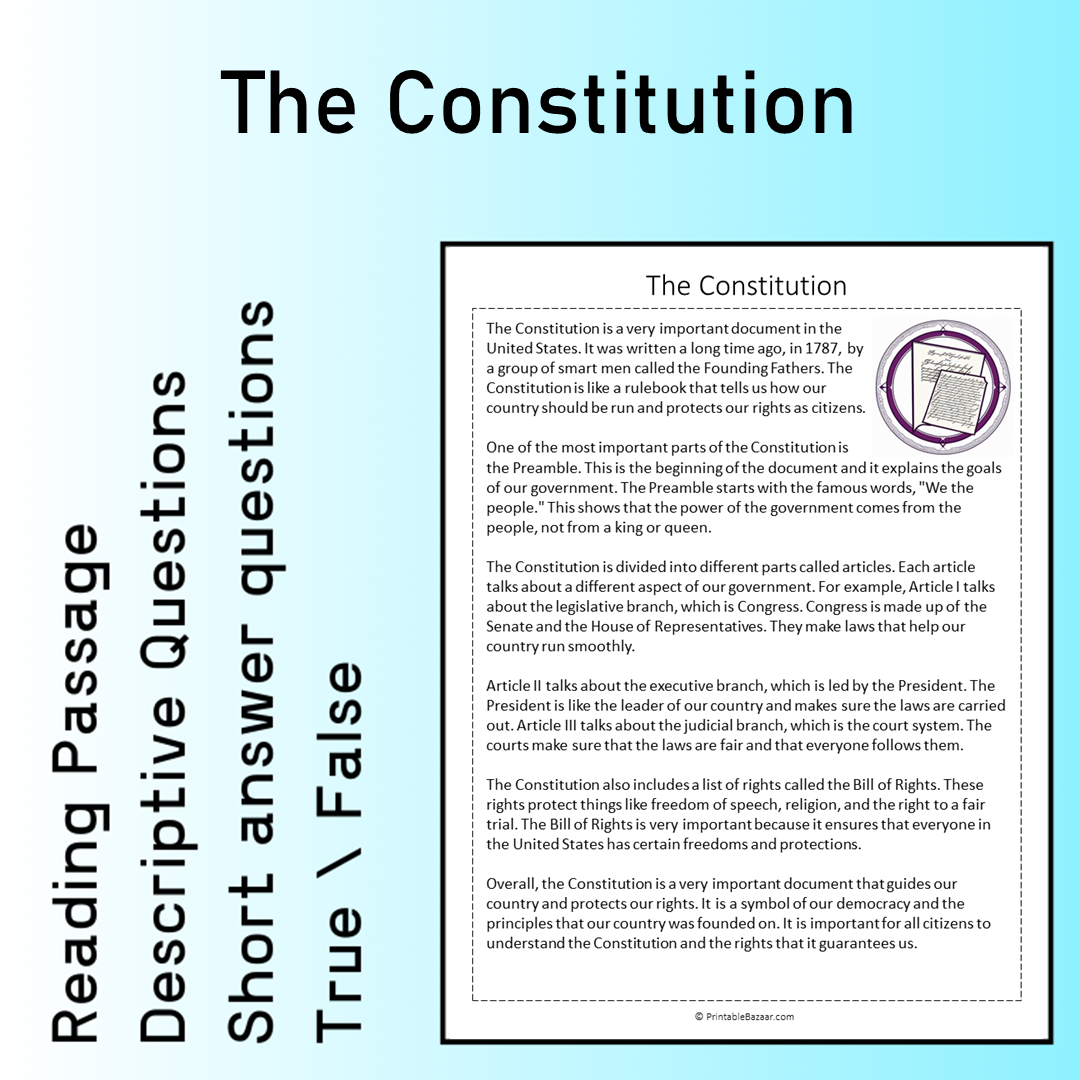 The Constitution | Reading Comprehension Passage Printable Worksheet