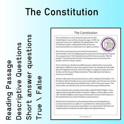 The Constitution | Reading Comprehension Passage Printable Worksheet