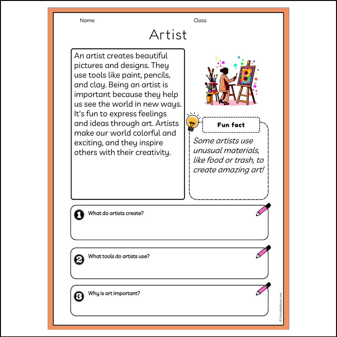 Artist | Reading Passage Comprehension Questions Writing Facts Worksheet