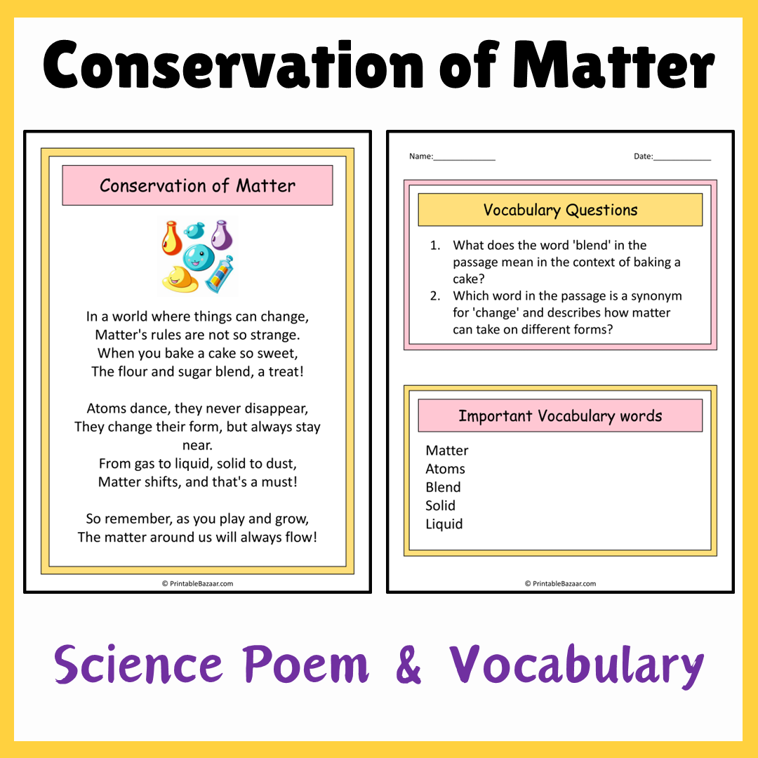 Conservation of Matter | Science Poem Reading Comprehension Activity