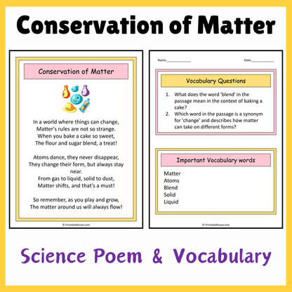 Conservation of Matter | Science Poem Reading Comprehension Activity