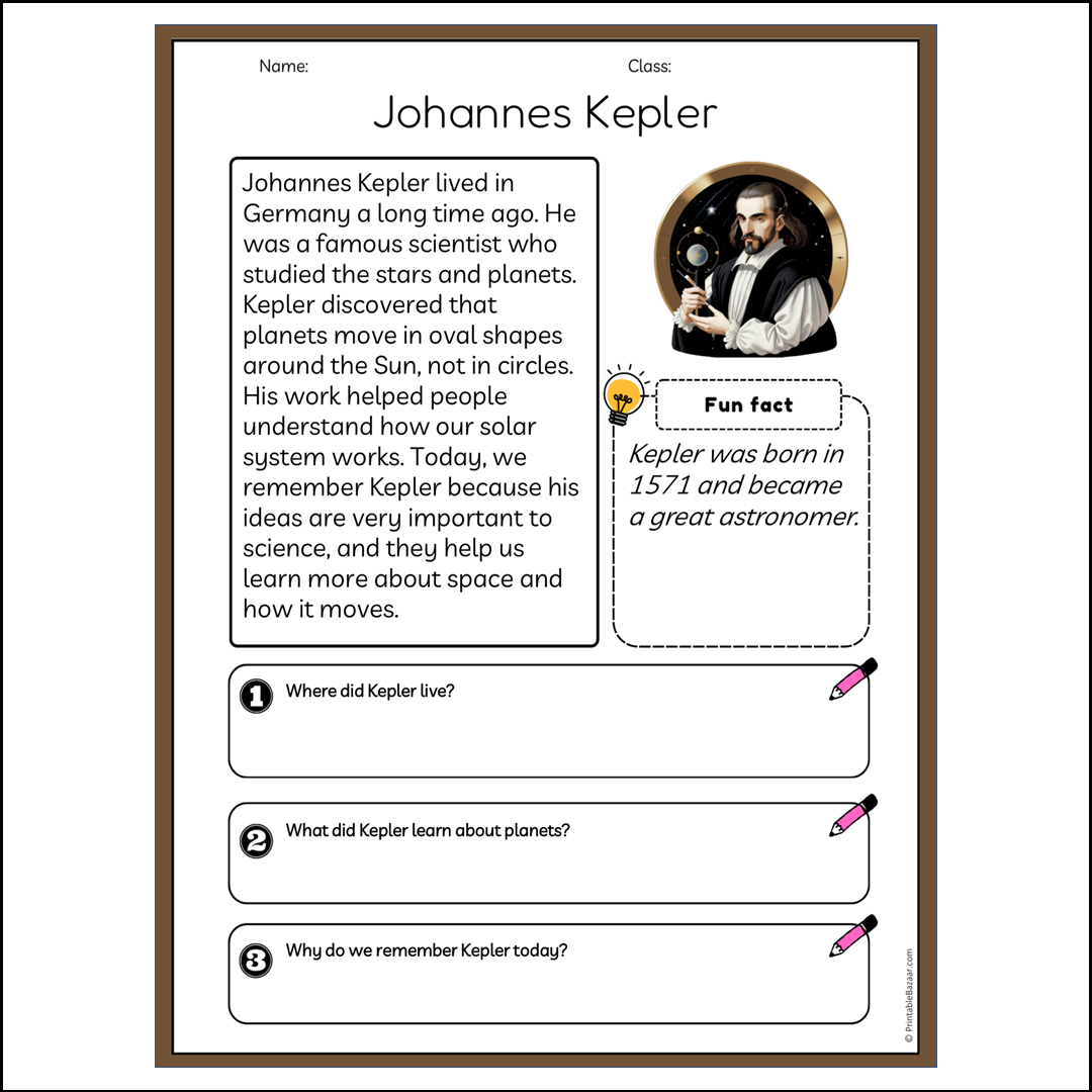 Johannes Kepler | Reading Passage Comprehension Questions Writing Facts Worksheet