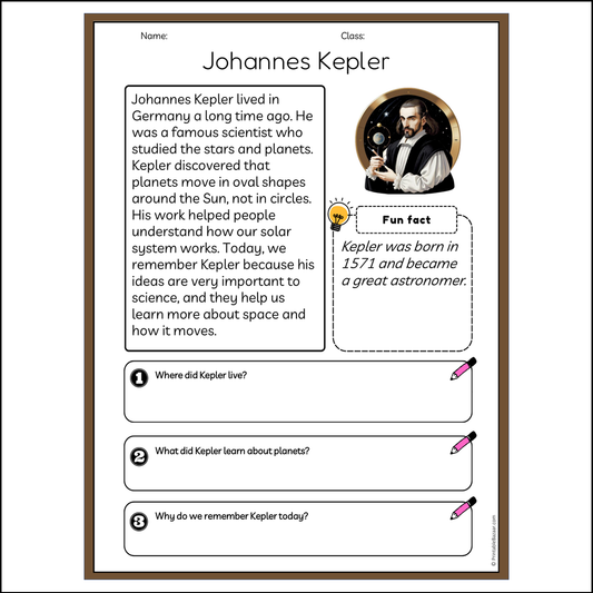 Johannes Kepler | Reading Passage Comprehension Questions Writing Facts Worksheet