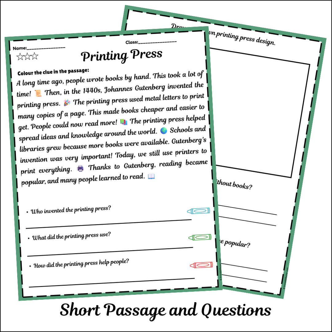 Printing Press | Short Reading Comprehension Creative Worksheet