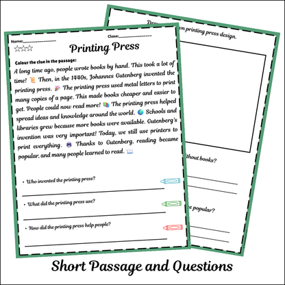 Printing Press | Short Reading Comprehension Creative Worksheet