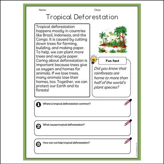 Tropical Deforestation | Reading Passage Comprehension Questions Writing Facts Worksheet