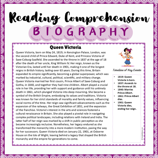 Queen Victoria | Biography Reading Comprehension and Questions Worksheet