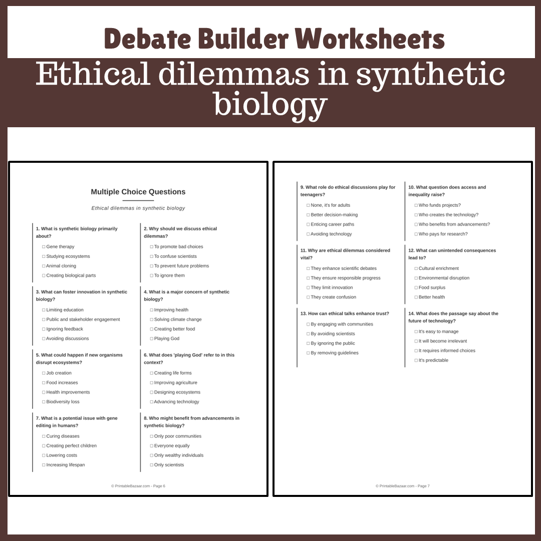 Ethical dilemmas in synthetic biology | Favour and Against Worksheet Printable Activity