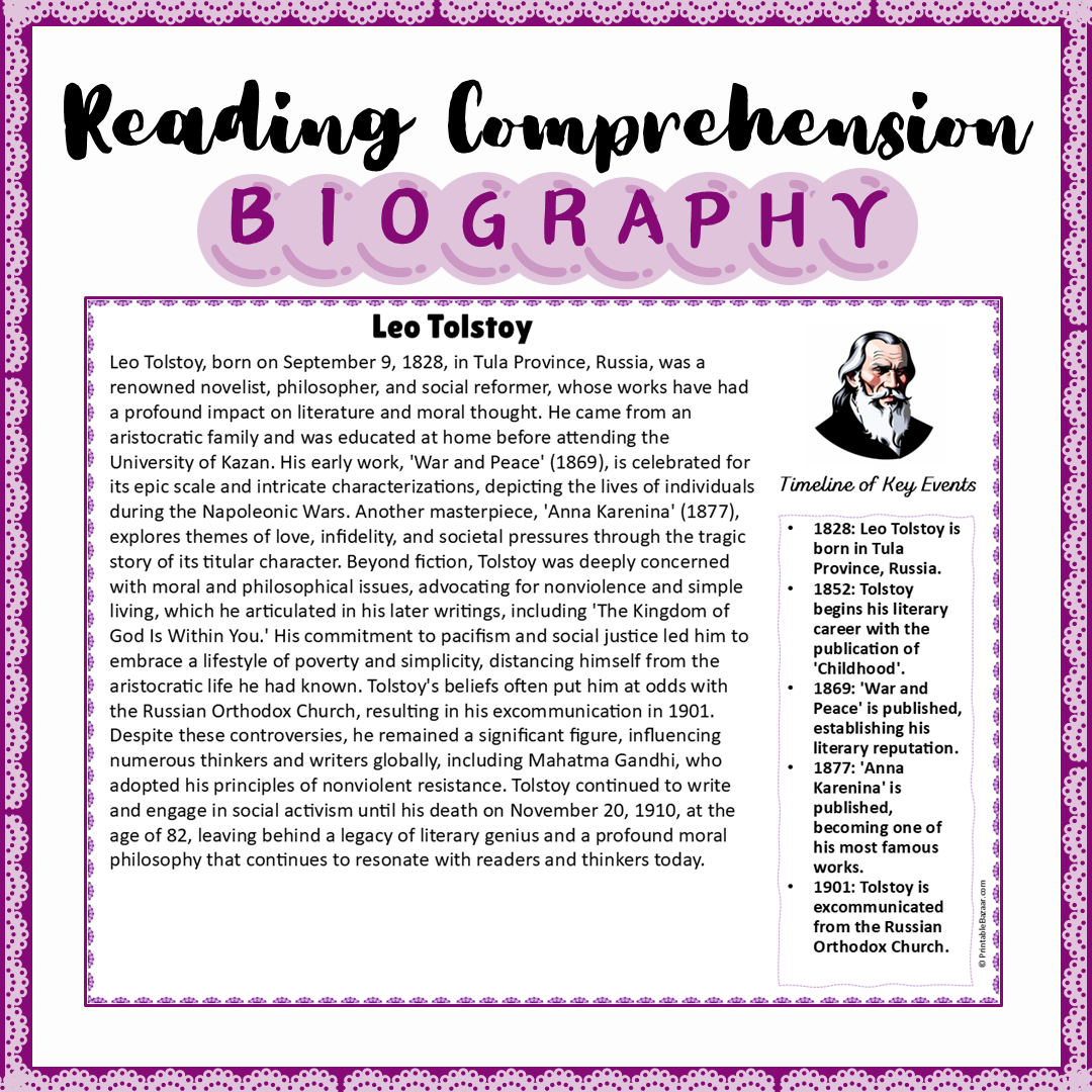 Leo Tolstoy | Biography Reading Comprehension and Questions Worksheet