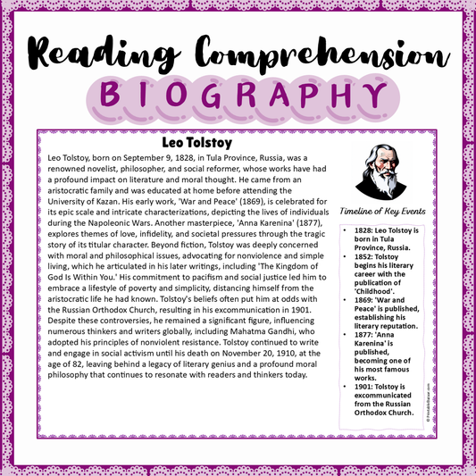 Leo Tolstoy | Biography Reading Comprehension and Questions Worksheet