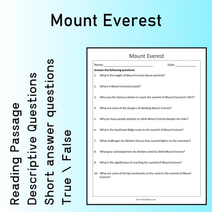 Mount Everest | Reading Comprehension Passage Printable Worksheet