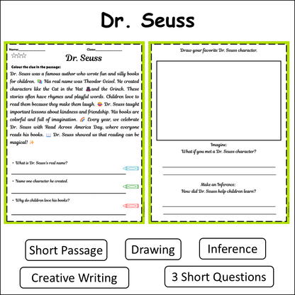 Dr. Seuss | Short Reading Comprehension Creative Worksheet
