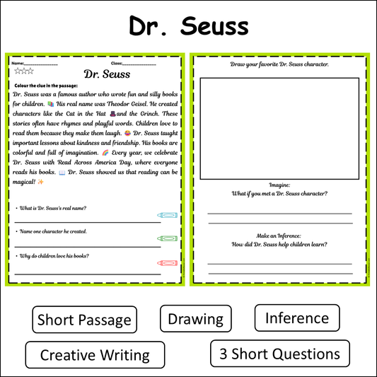Dr. Seuss | Short Reading Comprehension Creative Worksheet