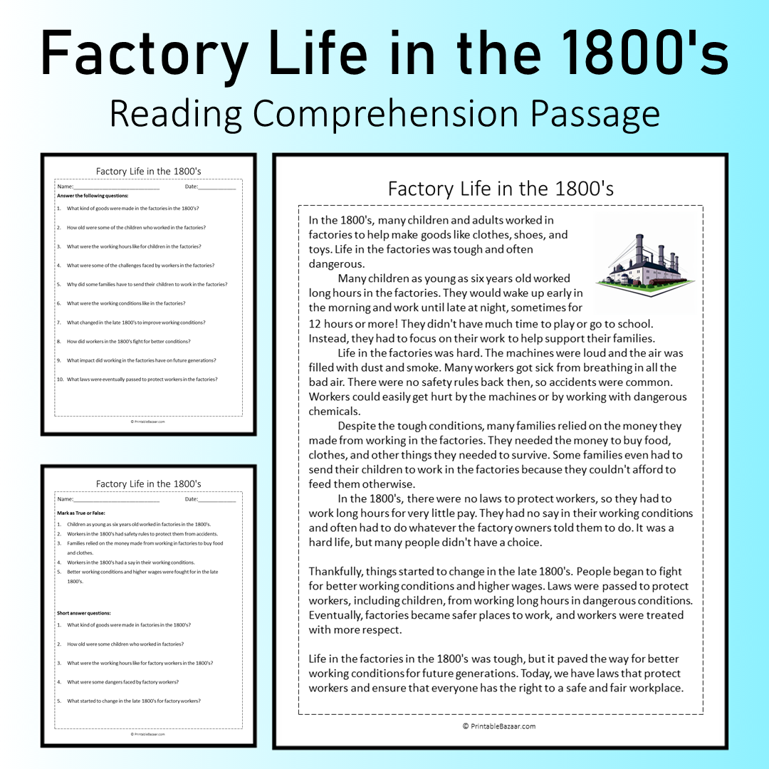 Factory Life in the 1800's | Reading Comprehension Passage Printable Worksheet