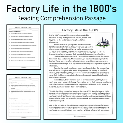 Factory Life in the 1800's | Reading Comprehension Passage Printable Worksheet