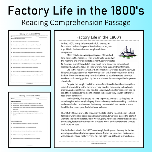 Factory Life in the 1800's | Reading Comprehension Passage Printable Worksheet
