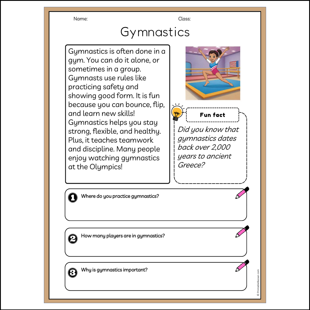 Gymnastics | Reading Passage Comprehension Questions Writing Facts Worksheet