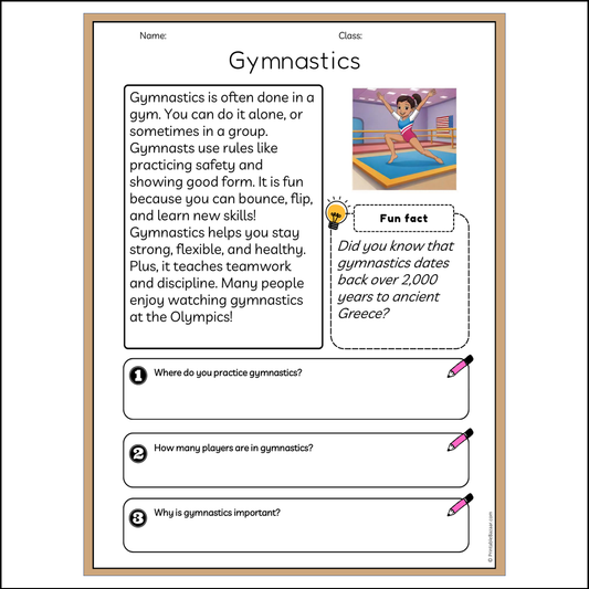 Gymnastics | Reading Passage Comprehension Questions Writing Facts Worksheet