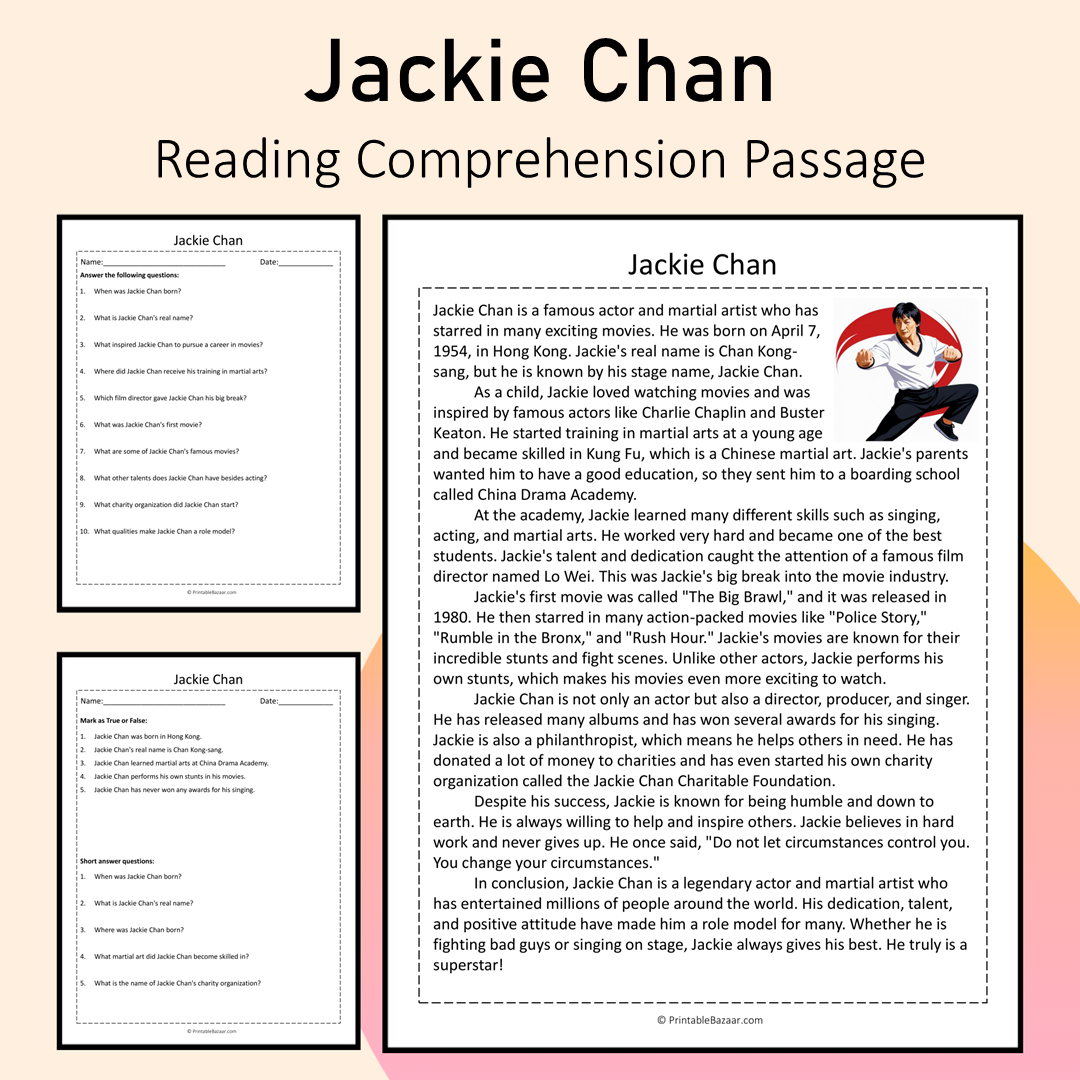 Jackie Chan | Reading Comprehension Passage Printable Activity