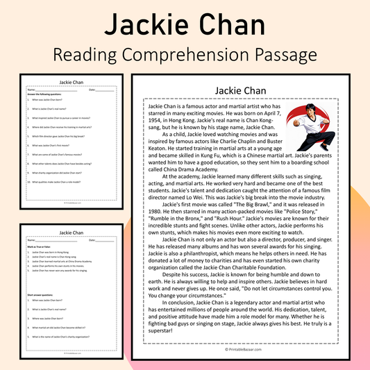 Jackie Chan | Reading Comprehension Passage Printable Activity