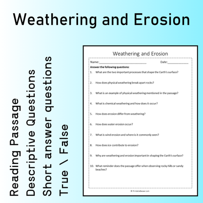 Weathering and Erosion | Reading Comprehension Passage Printable Worksheet