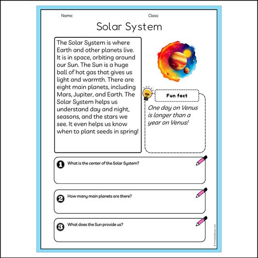 Solar System | Reading Passage Comprehension Questions Writing Facts Worksheet