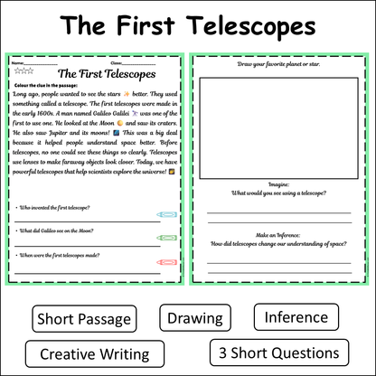 The First Telescopes | Short Reading Comprehension Creative Worksheet