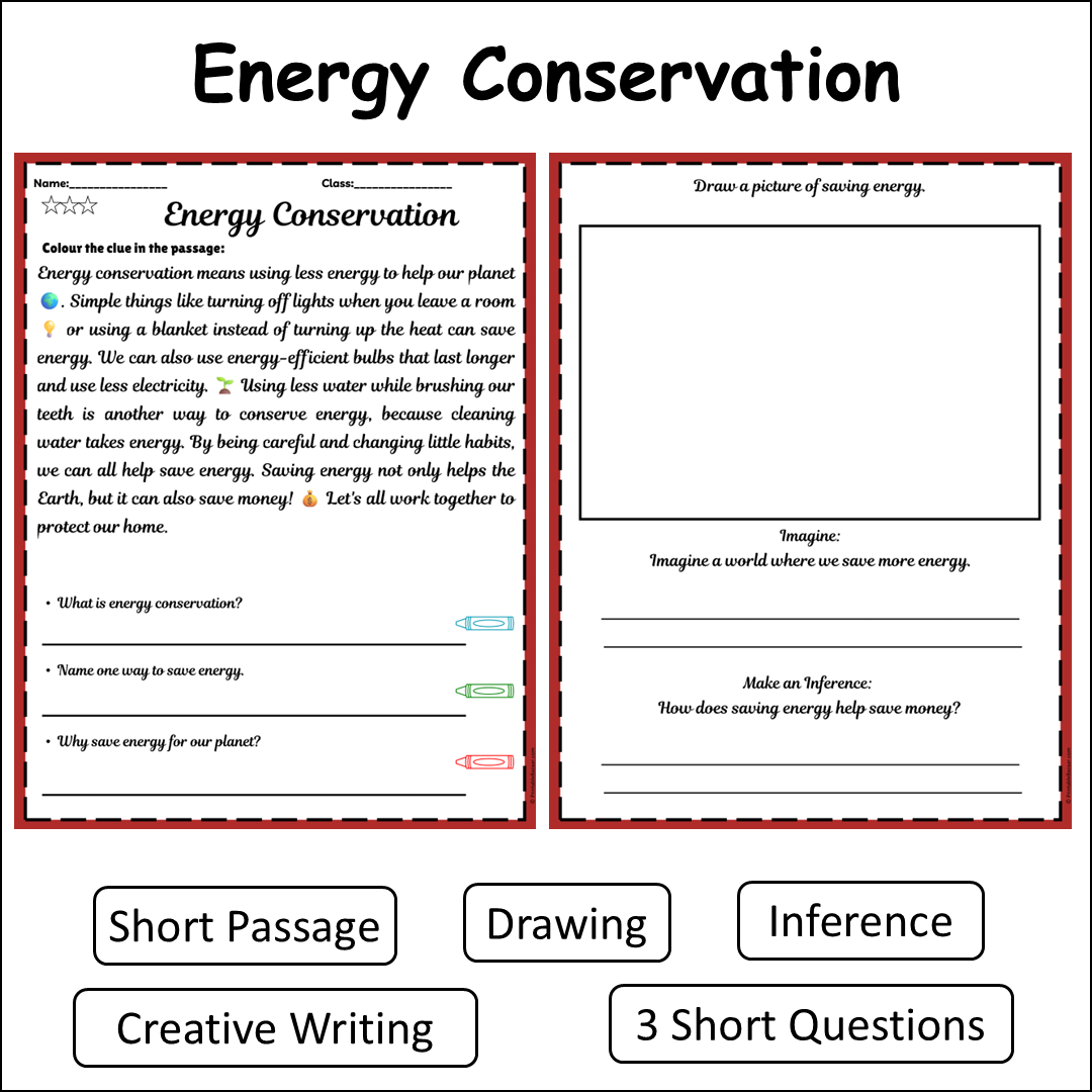Energy Conservation | Short Reading Comprehension Creative Worksheet