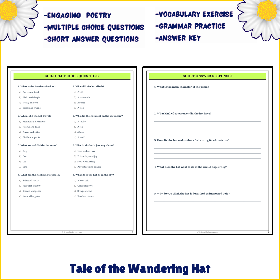 Tale of the Wandering Hat | Poem Grammar Worksheet Printable Activity