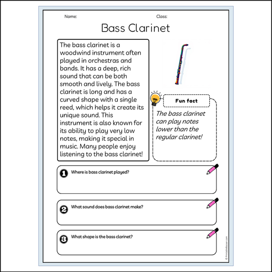 Bass Clarinet | Reading Passage Comprehension Questions Writing Facts Worksheet