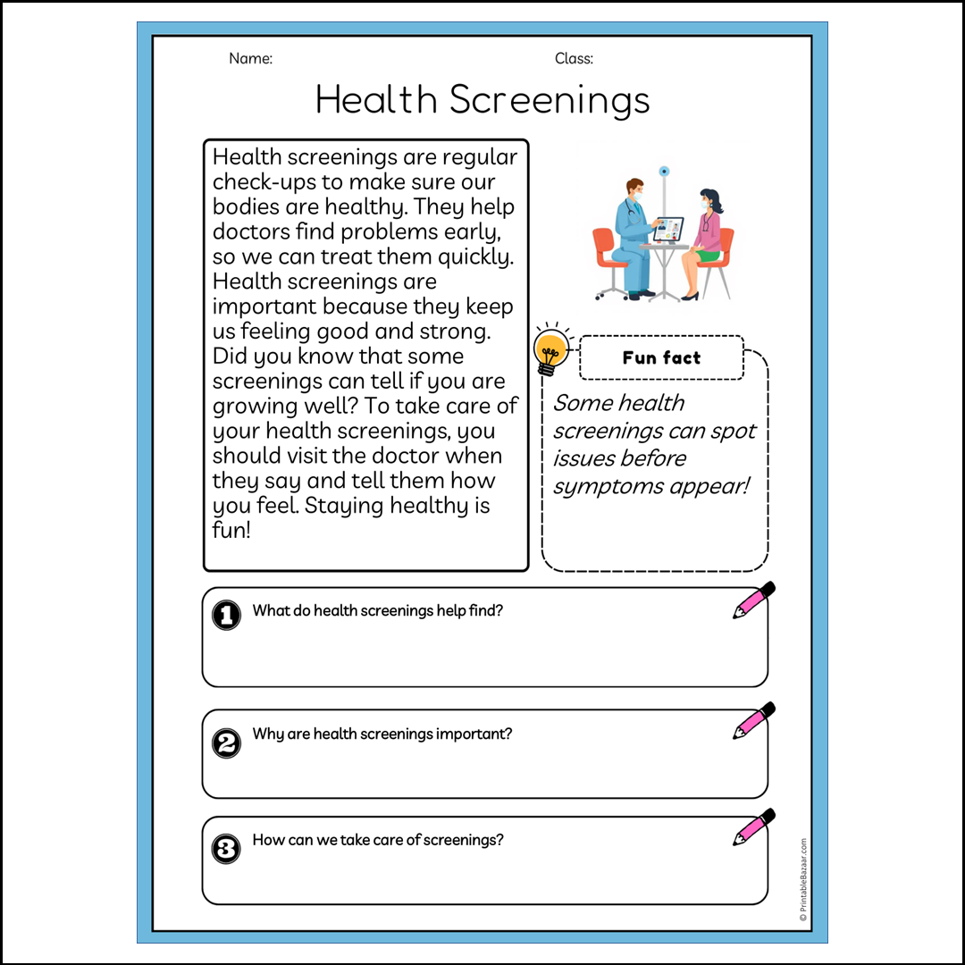 Health Screenings | Reading Passage Comprehension Questions Writing Facts Worksheet