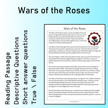 Wars of the Roses | Reading Comprehension Passage Printable Worksheet