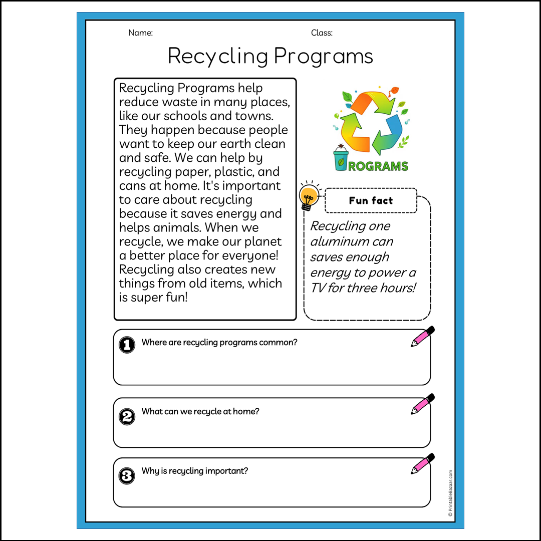 Recycling Programs | Reading Passage Comprehension Questions Writing Facts Worksheet