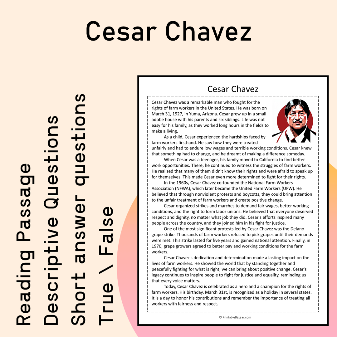 Cesar Chavez | Reading Comprehension Passage Printable Activity