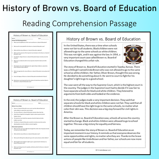 History of Brown vs. Board of Education | Reading Comprehension Passage Printable Worksheet