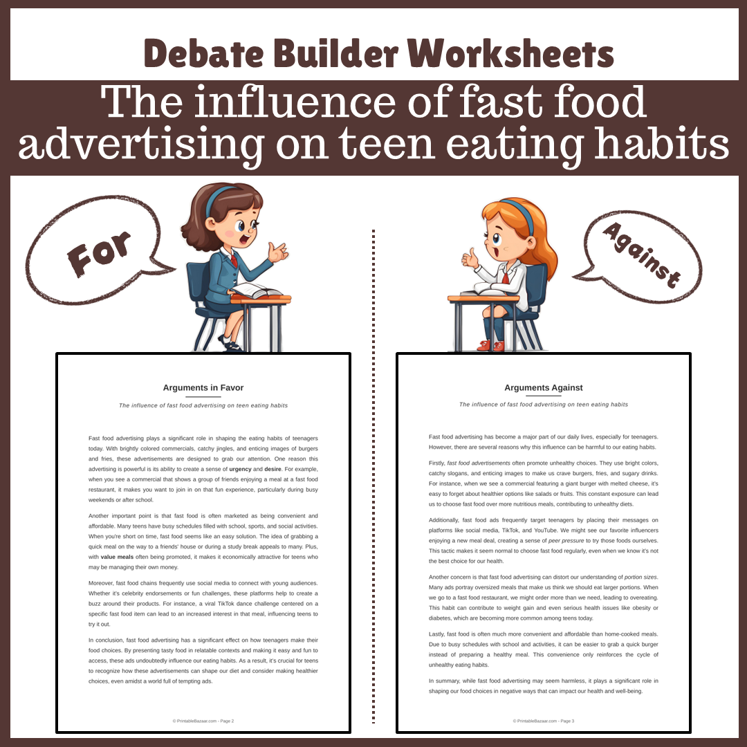 The influence of fast food advertising on teen eating habits | Favour and Against Worksheet Printable Activity