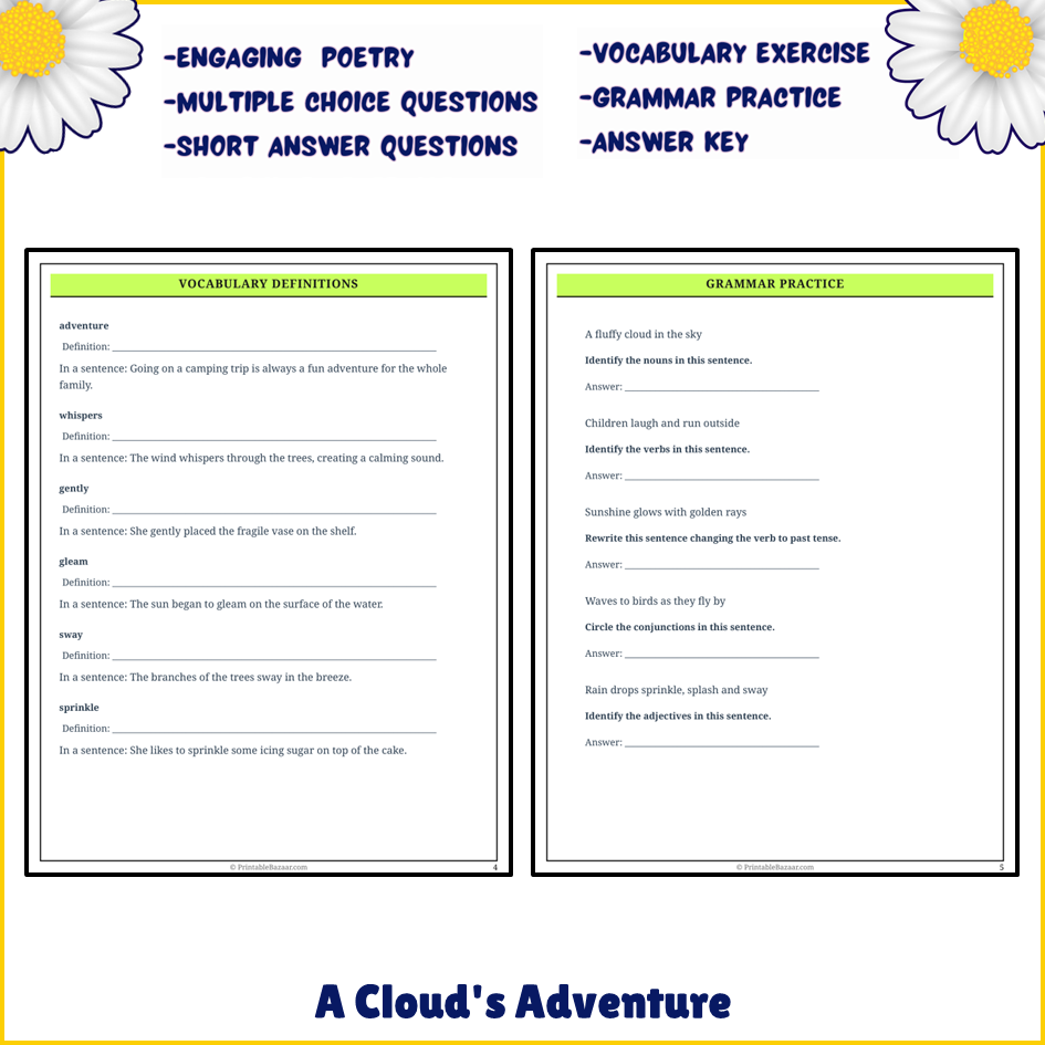 A Cloud's Adventure | Poem Grammar Worksheet Printable Activity