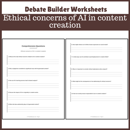 Ethical concerns of AI in content creation | Favour and Against Worksheet Printable Activity