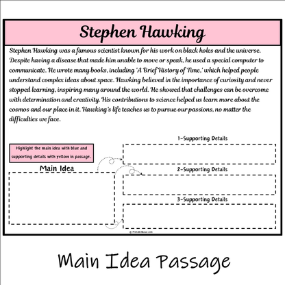 Stephen Hawking | Main Idea and Supporting Details Reading Passage and Questions