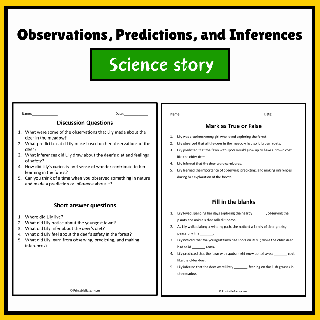 Observations, Predictions, and Inferences | Science Story Reading Comprehension Activity