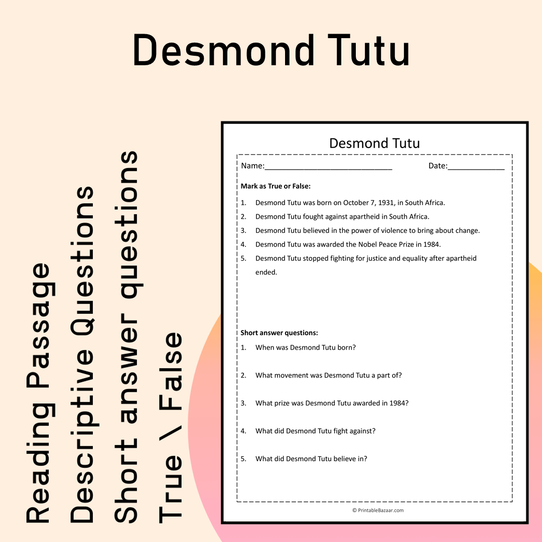 Desmond Tutu | Reading Comprehension Passage Printable Activity