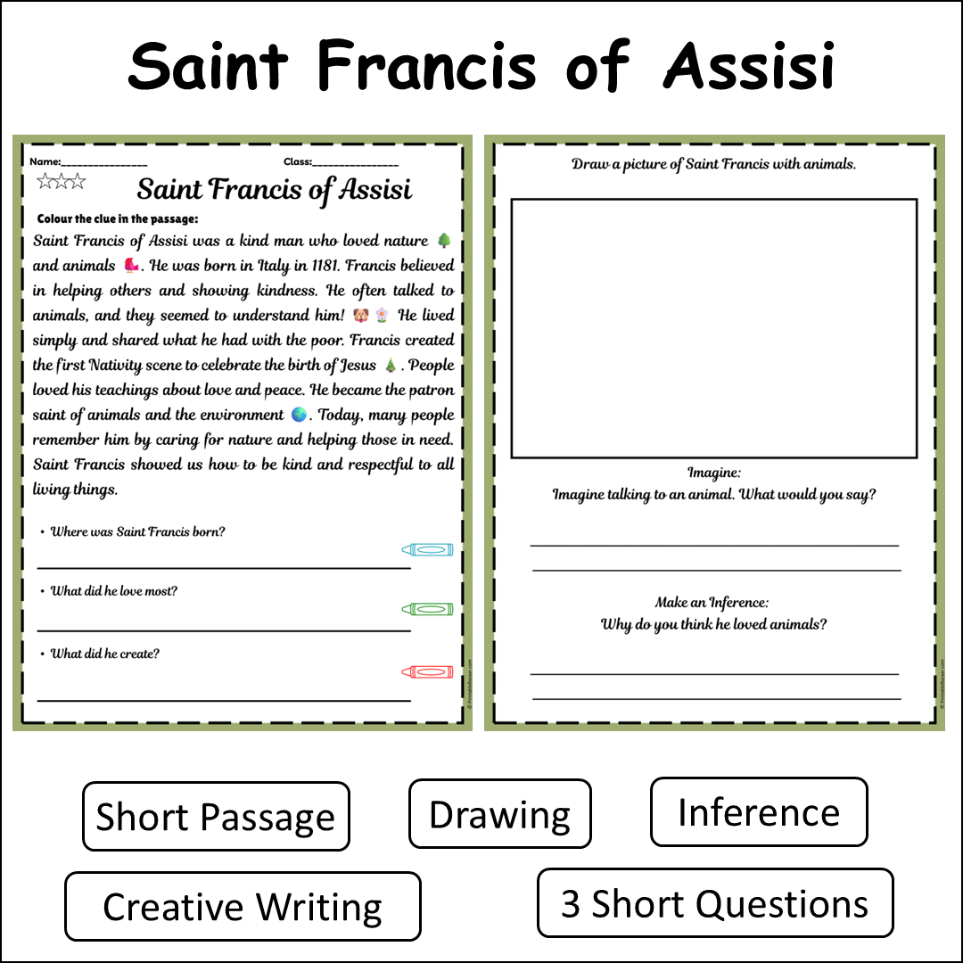 Saint Francis of Assisi | Short Reading Comprehension Creative Worksheet