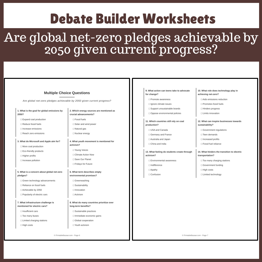 Are global net-zero pledges achievable by 2050 given current progress? | Favour and Against Worksheet Printable Activity