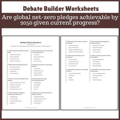 Are global net-zero pledges achievable by 2050 given current progress? | Favour and Against Worksheet Printable Activity