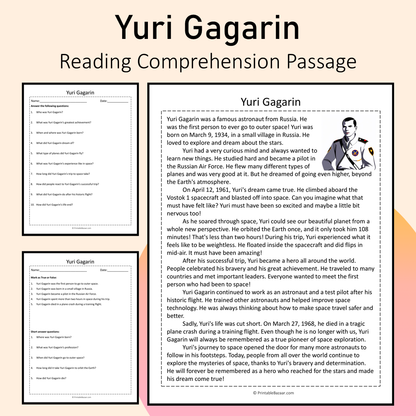 Yuri Gagarin | Reading Comprehension Passage Printable Activity