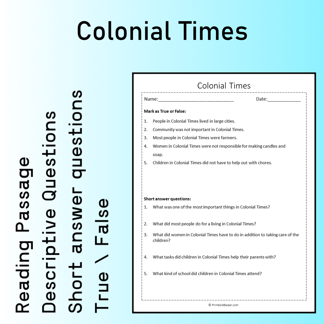 Colonial Times | Reading Comprehension Passage Printable Worksheet